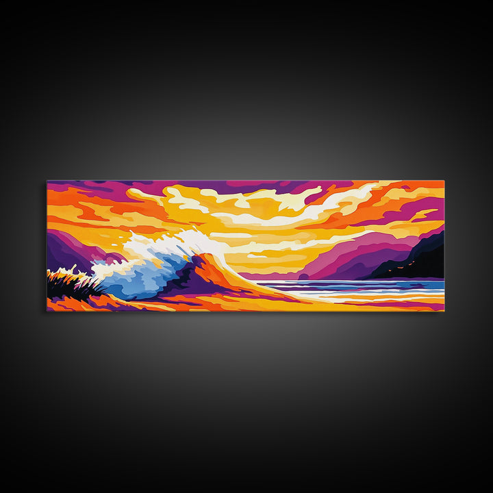 Ocean Wave, Sunset Beach, Vibrant Coastal Art, Canvas Print, Tropical Seascape Painting, Nautical Living Room Art, Surfing Wall Decor