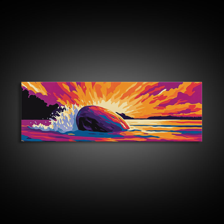 Ocean Splash, Vibrant Sunset, Coastal Energy, Bold Colors, Framed Canvas Print, Nautical Wall Art, Living Room Art, Dynamic Seascape