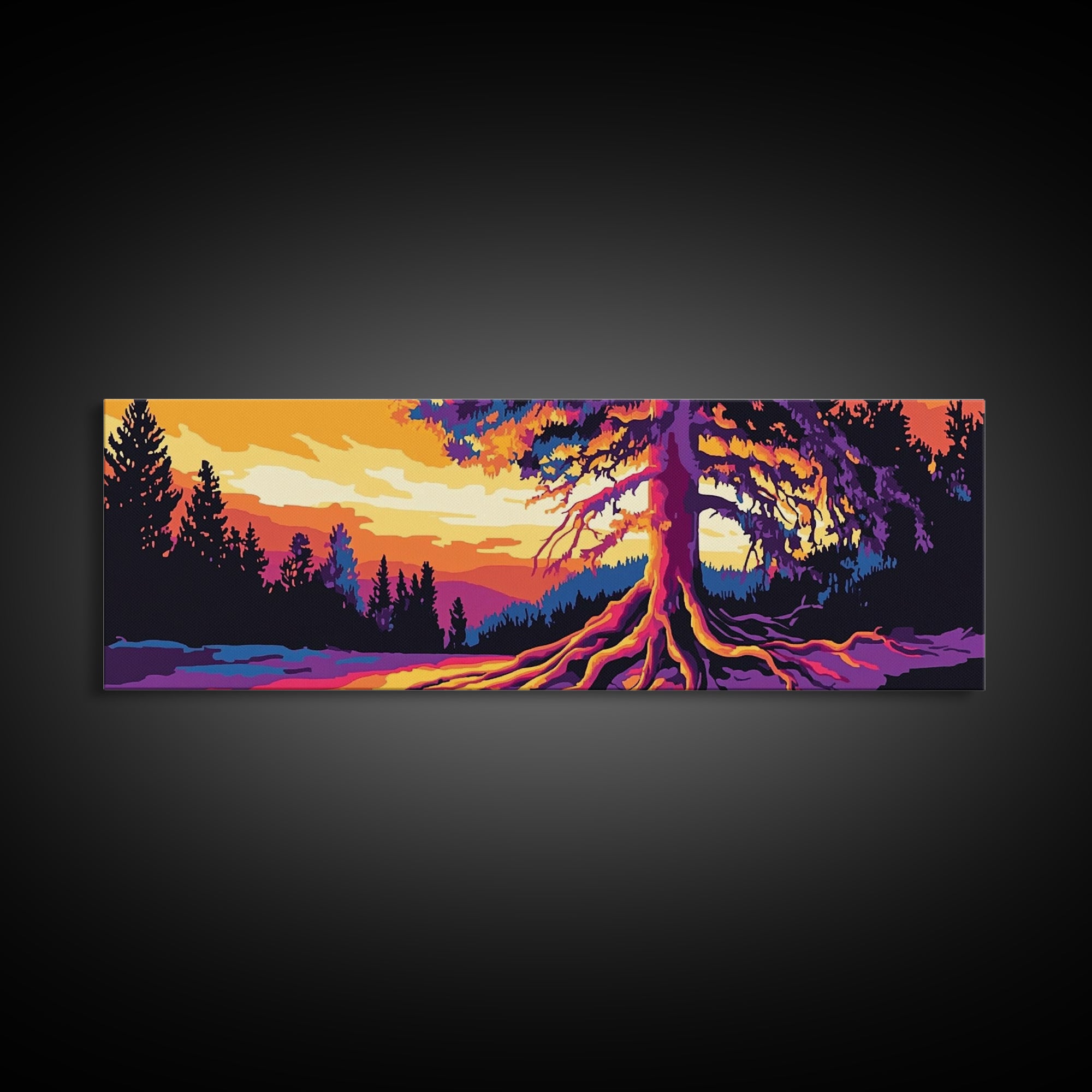 Vibrant Tree, Sunset Art, Framed Canvas Print, Nature Wall Decor, Psychedelic Art, Boho Landscape, Large Wall Art, Office Decor