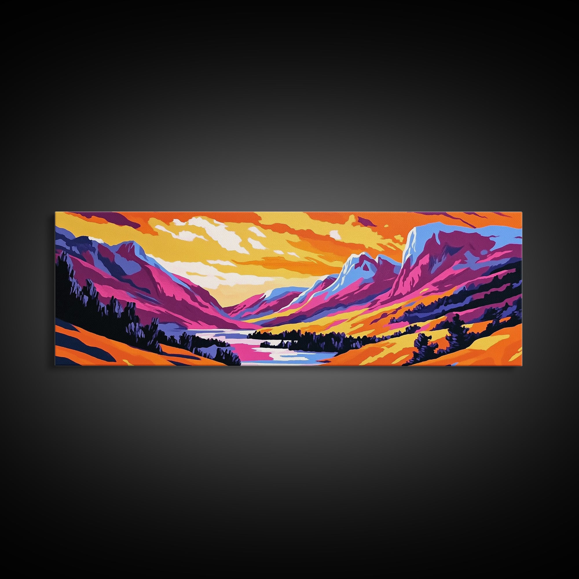 Sunset Valley, Majestic Peaks, Vibrant Nature, Framed Canvas Print, Outdoor Wall Art, Bohemian Landscape, Living Room Decor, Wanderlust