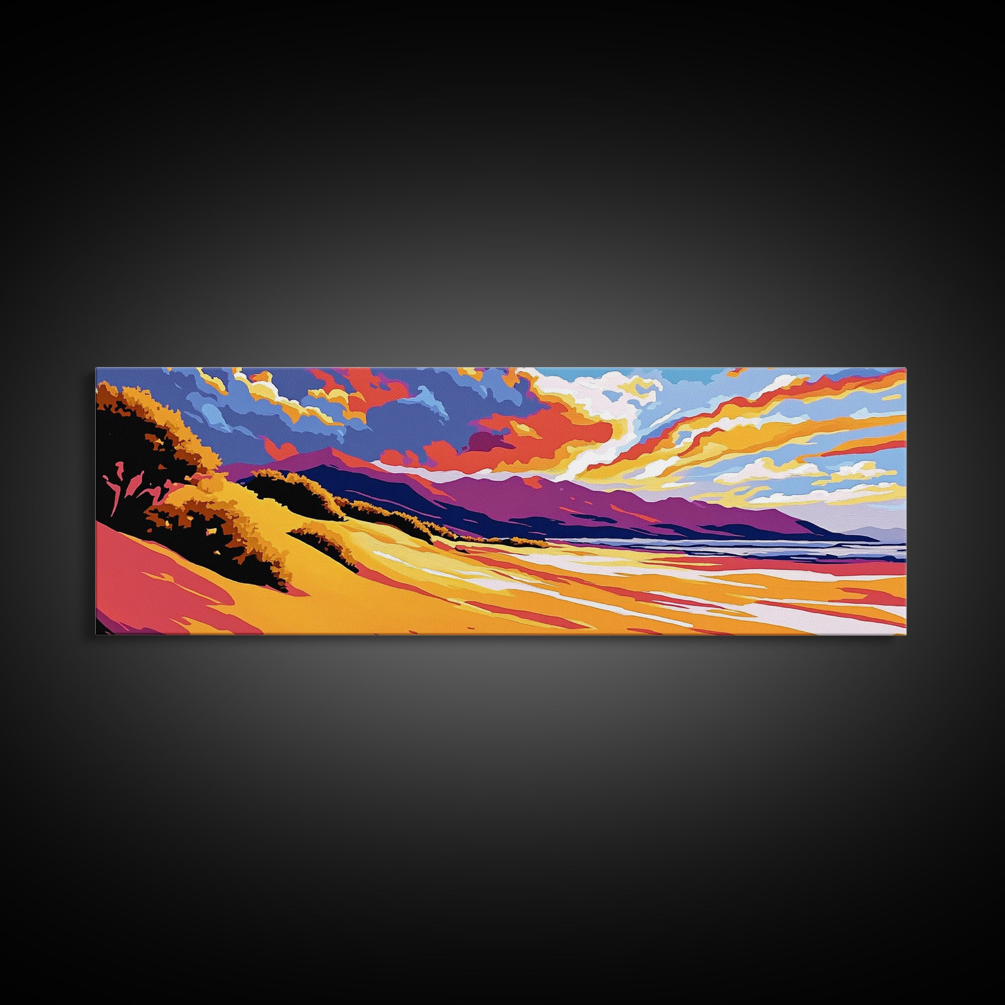 Golden Dunes, Mountain Backdrop, Vibrant Sunset, Framed Canvas Print, Boho Earthy Art, Modern Living Room Decor, Southwest Aesthetic