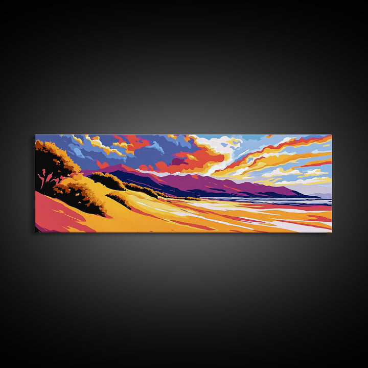 Golden Dunes, Mountain Backdrop, Vibrant Sunset, Framed Canvas Print, Boho Earthy Art, Modern Living Room Decor, Southwest Aesthetic