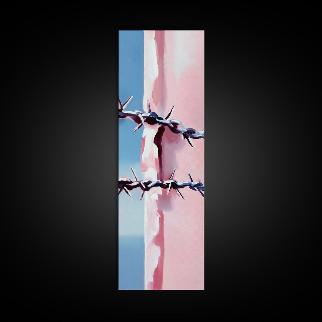 Barbed Wire Closeup, Modern Western, Pink and Blue Art, Framed Canvas Print, Minimalist Wall Art, Rustic Decor, Entryway Wall Art