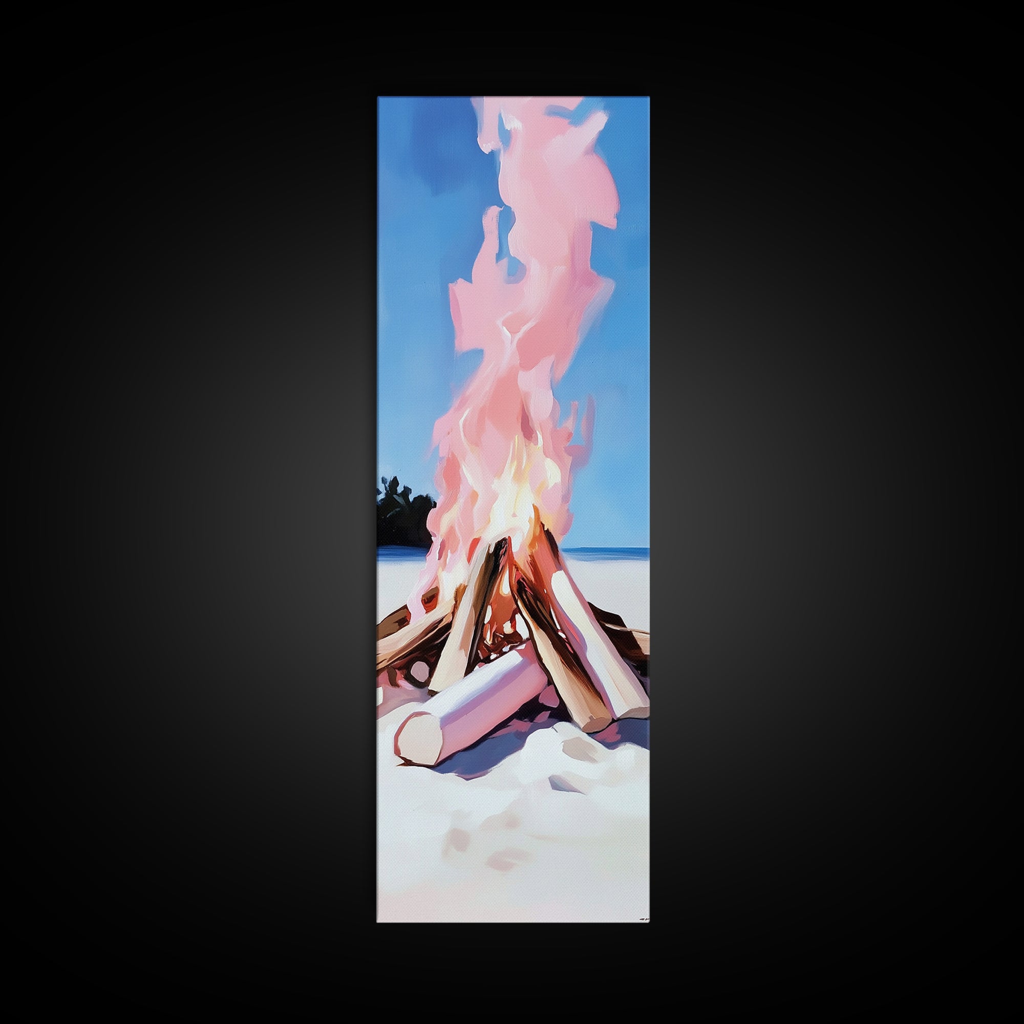 Bonfire Glow, Beach Campfire, Pink Flame Art, Framed Canvas Print, Coastal Decor, Warm Aesthetic, Living Room or Bedroom Wall Art