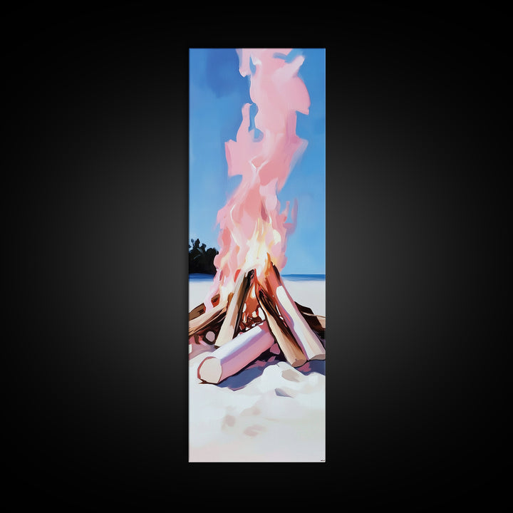 Bonfire Glow, Beach Campfire, Pink Flame Art, Framed Canvas Print, Coastal Decor, Warm Aesthetic, Living Room or Bedroom Wall Art