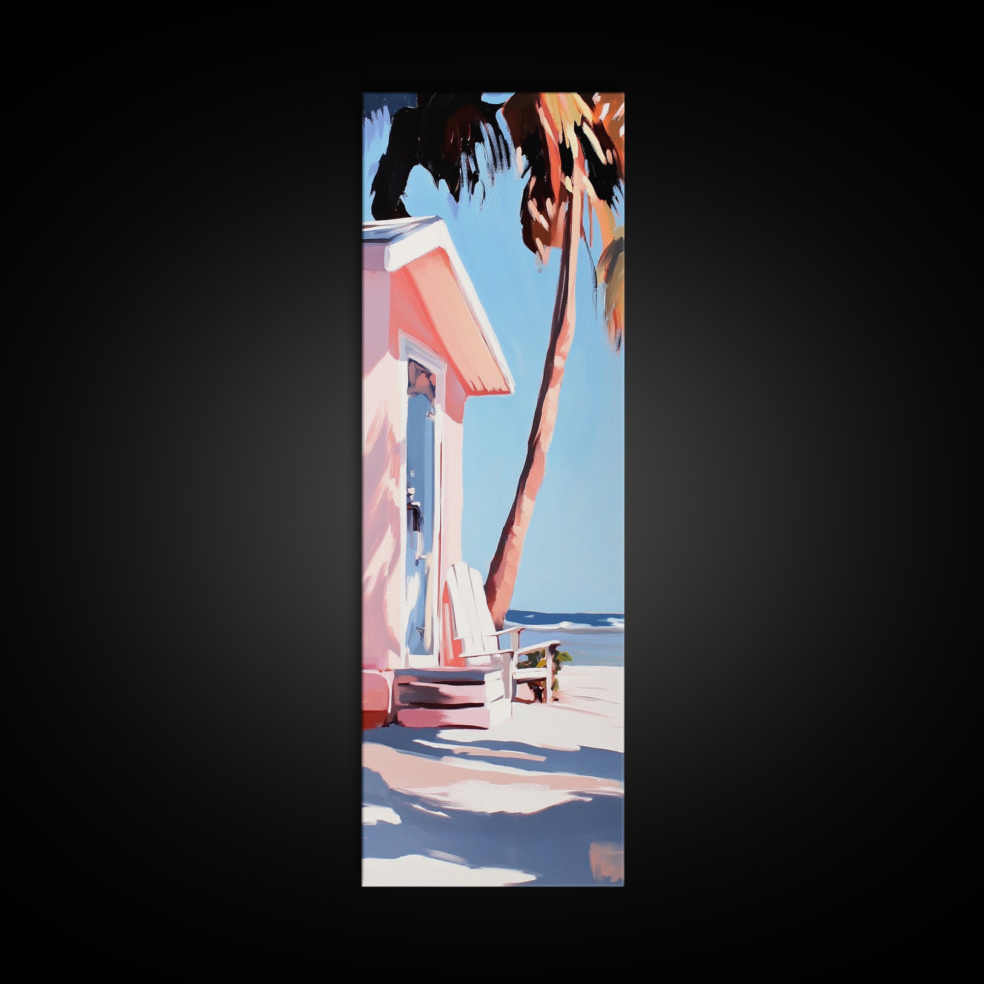 Pink Beach House, Coastal Retreat, Palm Tree Art, Framed Canvas Print, Tropical Decor, Modern Minimalist, Vacation Vibes, Wall Art