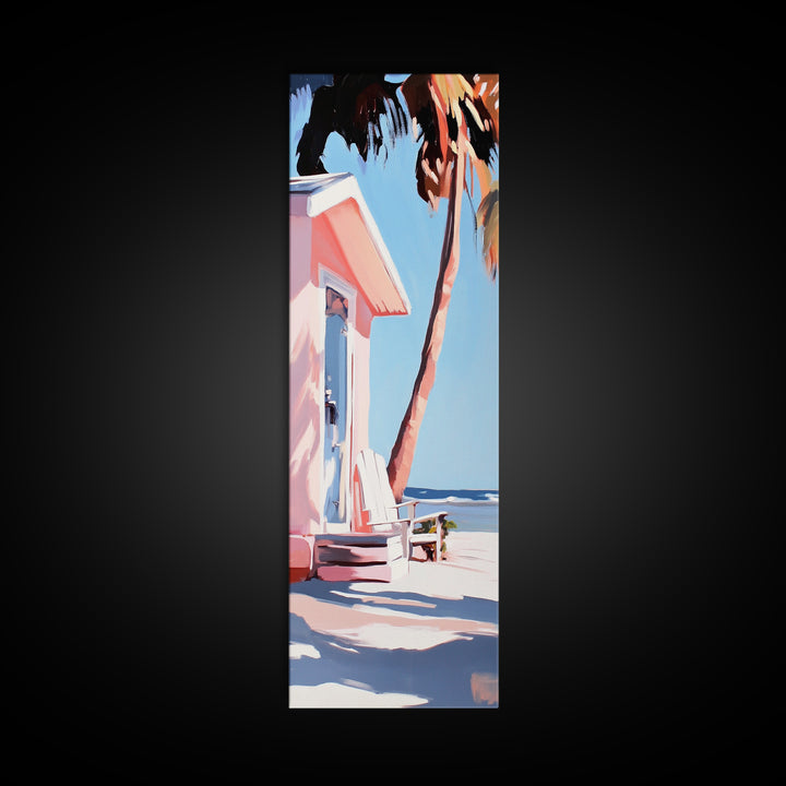 Pink Beach House, Coastal Retreat, Palm Tree Art, Framed Canvas Print, Tropical Decor, Modern Minimalist, Vacation Vibes, Wall Art