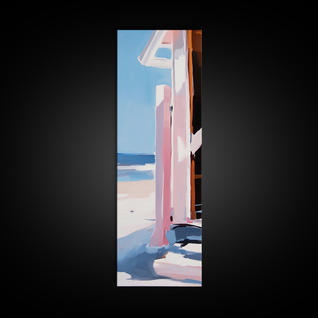 Beach Hut, Coastal Art, Ocean Wall Art, Seaside Retreat, Nautical Painting, Minimalist Beach Decor, Framed Canvas Print