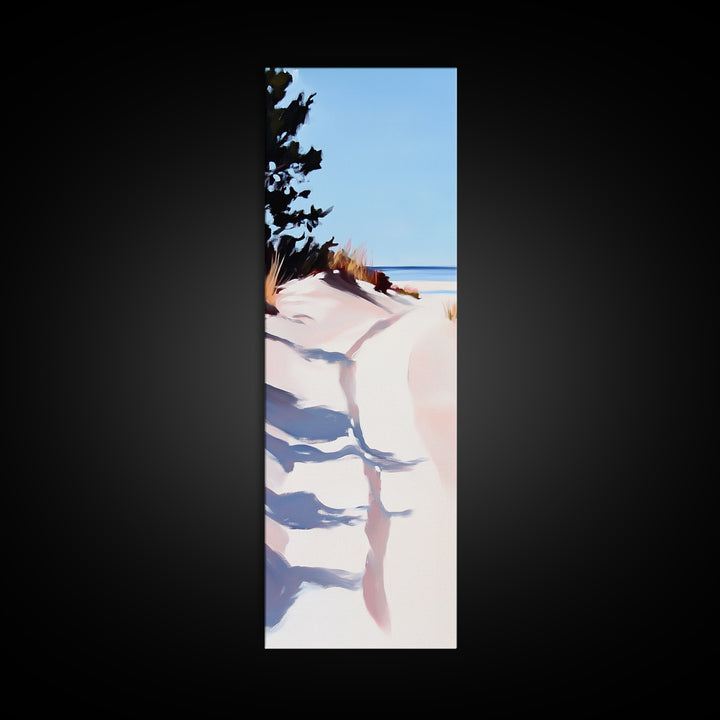Ocean Walkway, Dunes and Shadows, Coastal Serenity, Soft Light, Framed Canvas Print, Living Room Wall Art, Beach House Decor
