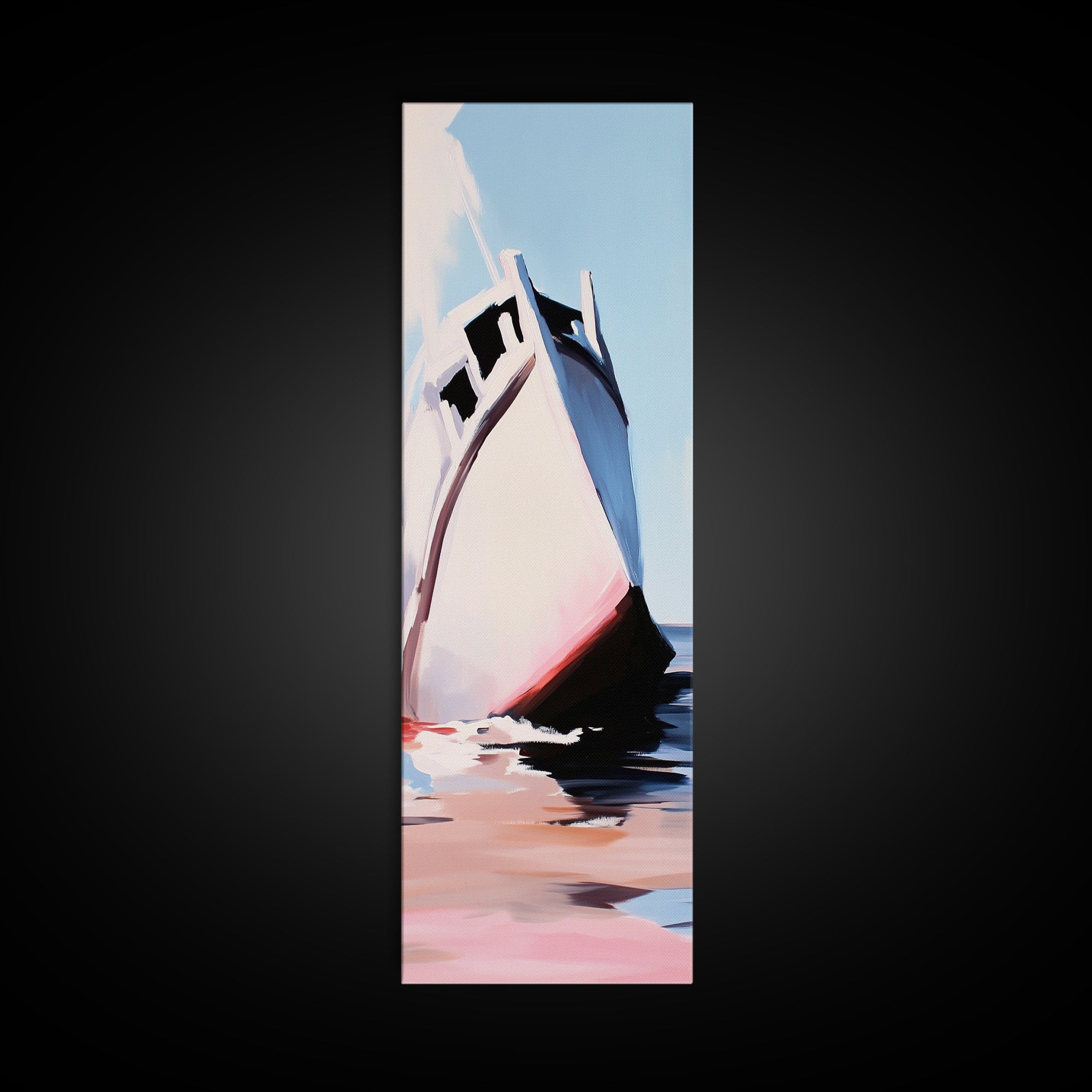Ocean Boat, Seascape, Nautical, Modern Art, Coastal Wall Decor, Beach House, Minimalist, Blue, White, Framed Canvas Print