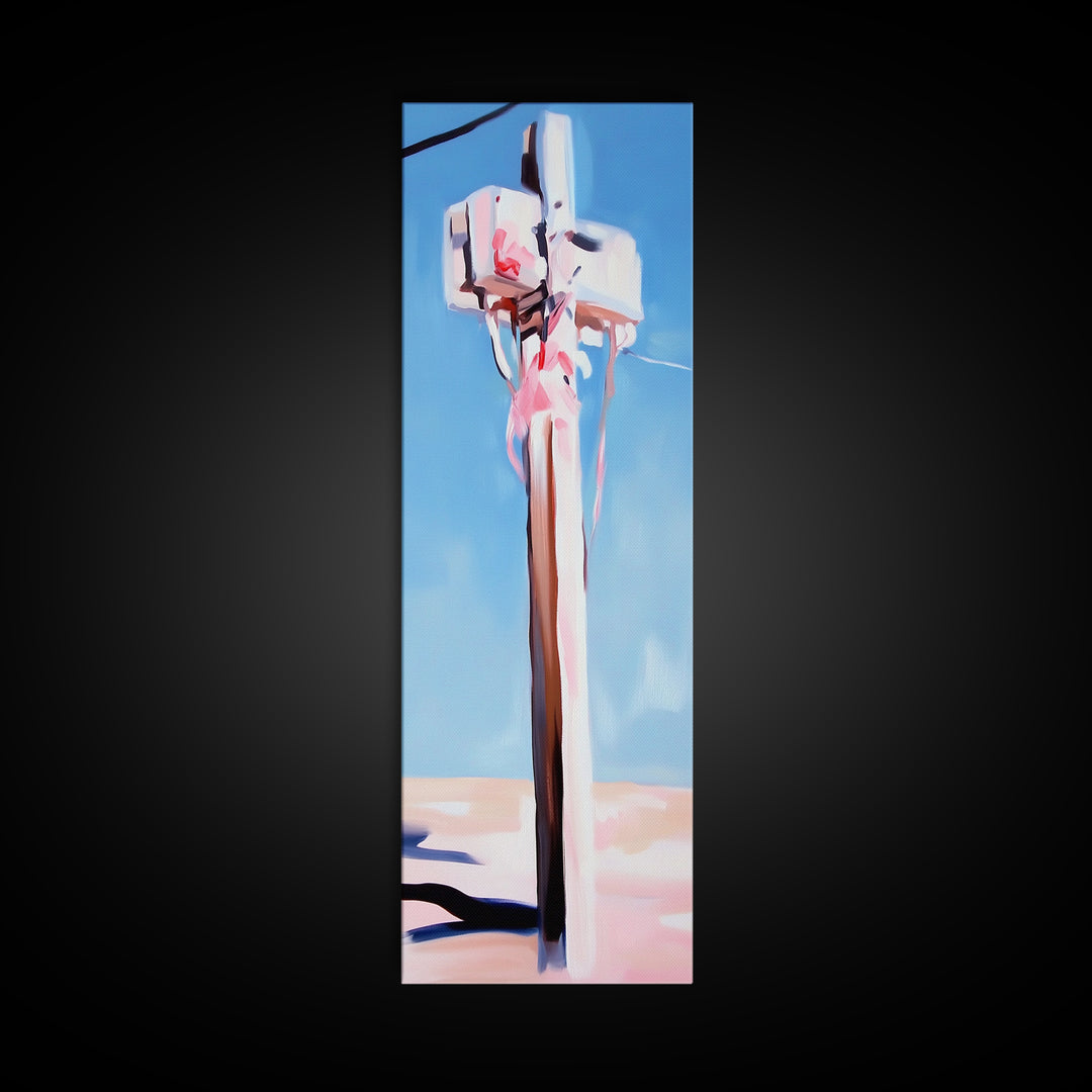 Coastal Utility Pole, Minimalist Beach Art, Soft Pastel Aesthetic, Sky Blue Landscape, Modern Wall Decor, Framed Canvas Print, Ocean Vibes