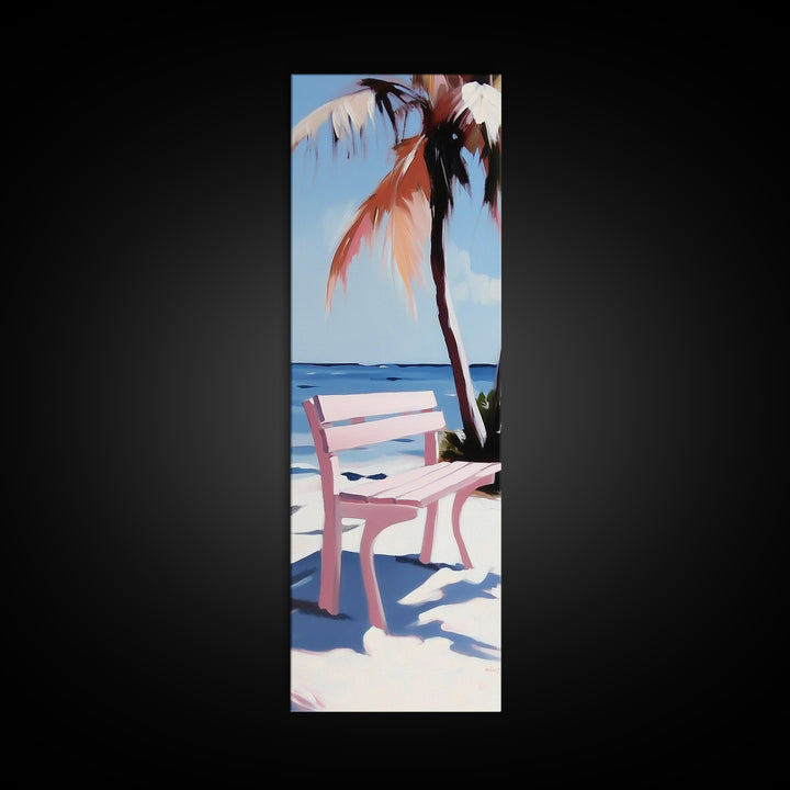 Beach Bench, Palm Tree, Ocean View, Framed Canvas Print, Coastal Wall Art, Tropical Decor, Boho Beach Art, Living Room Wall Art