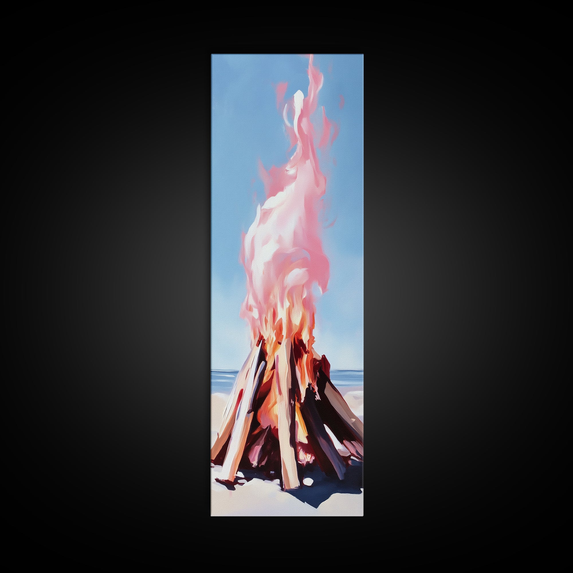 Beach Campfire, warm fall decor, rustic wilderness art, outdoor adventure painting, cozy cabin vibes, framed canvas print