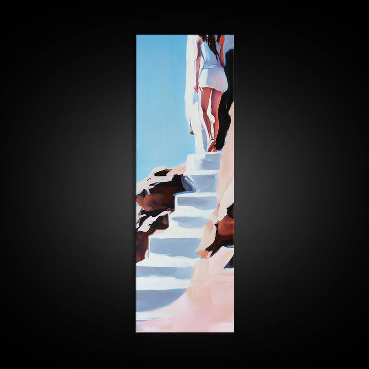 Cliffside Beauty, White Dress, Tranquil Escape, Canvas Print, Modern Wall Art, Boho Beach Decor, Bedroom Wall Art, Minimalist Coastal