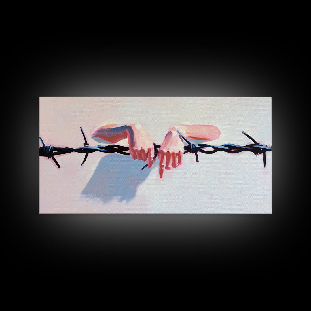 Hands on Barbed Wire, Surreal Art, Emotional Aesthetic, Modern Symbolism, Thought-Provoking Decor, Contemporary Wall Art, Canvas Print