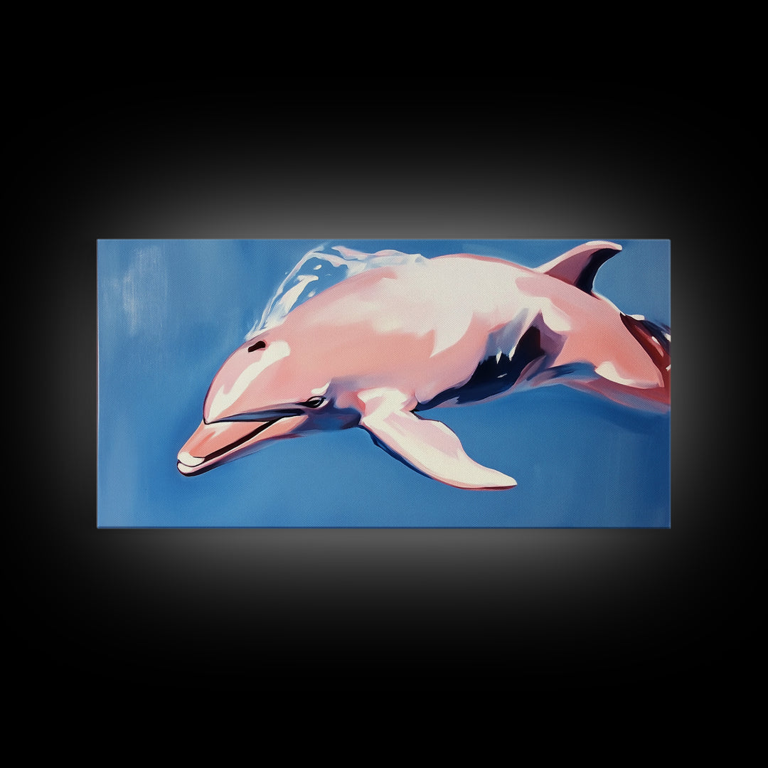 Dolphin Painting, Ocean Wall Art, Coastal Home Decor, Marine Life Artwork, Blue and Pink Art, Beach House Art, Framed Canvas Print