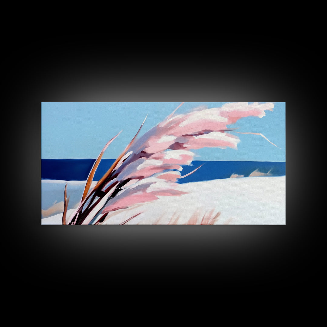 Beach Grass Art, Coastal Sand Dunes, Ocean Breeze Painting, Seaside Nature Print, Nautical Wall Decor, Framed Canvas Print