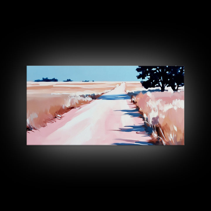 Countryside Path Art, Rustic Landscape Print, Minimalist Nature Painting, Warm Autumn Decor, Serene Scenic Artwork, Framed Canvas Print