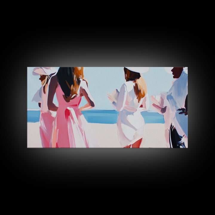 Beach Wedding Art, Elegant Women Painting, Soft Pastel Coastal Decor, Feminine Ocean Scene, Chic Minimalist Aesthetic, Canvas Print