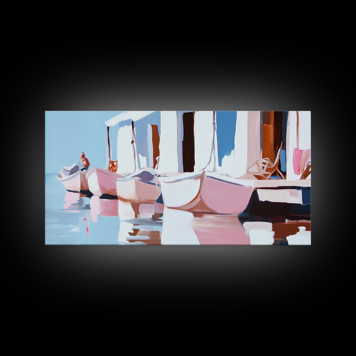 Docked Boats, Nautical Coastal Art, Mediterranean Harbor Scene, Framed Canvas Print, Beach House Wall Decor, Nautical Home Art