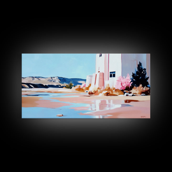 Desert Landscape, White House, Pink Trees, Canvas Print, Modern Southwest Art, Living Room Wall Art, Warm Earthy Tones, Minimalist Nature