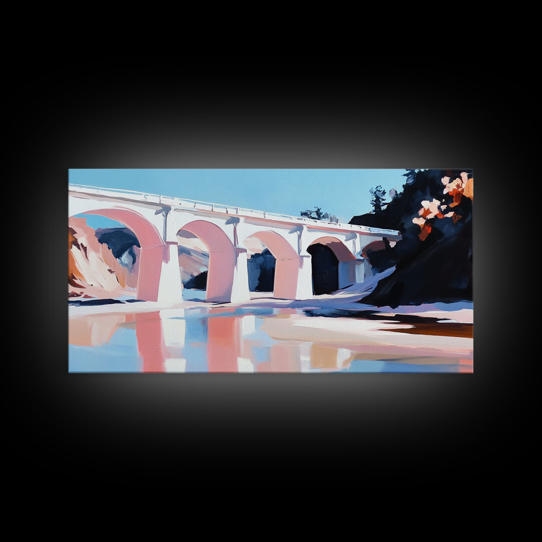 Bridge Reflection, Scenic River, Pastel Landscape, Canvas Print, Architecture Art, Living Room Wall Art, Minimalist Water Scene, Travel Art