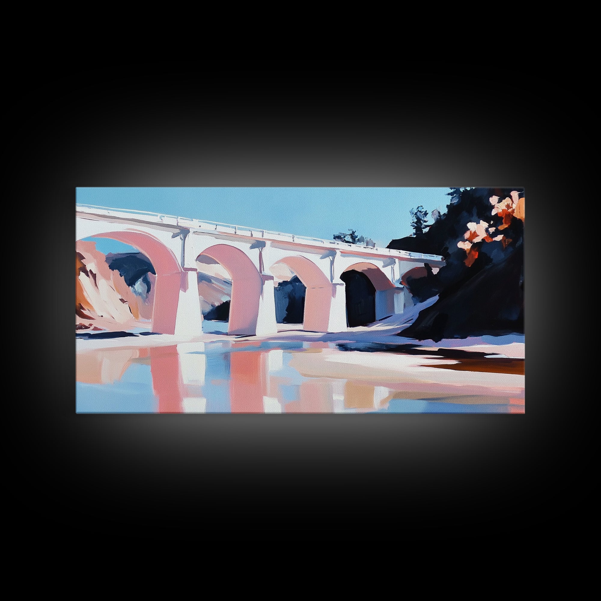 Bridge Reflection, Scenic River, Pastel Landscape, Canvas Print, Architecture Art, Living Room Wall Art, Minimalist Water Scene, Travel Art