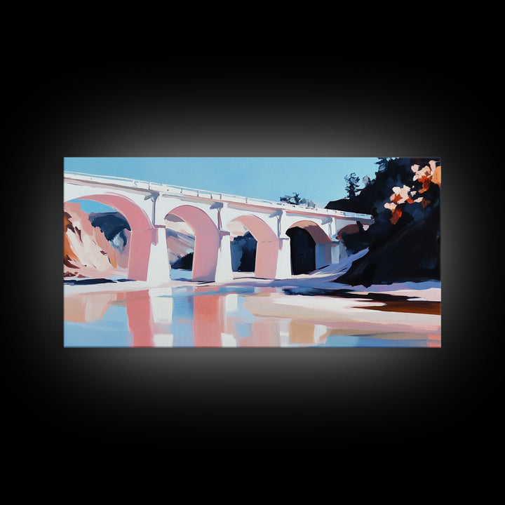 Bridge Reflection, Scenic River, Pastel Landscape, Canvas Print, Architecture Art, Living Room Wall Art, Minimalist Water Scene, Travel Art