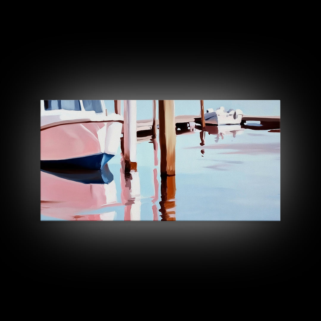 Docked Boats, Waterfront Scene, Canvas Print, Nautical Home Decor, Living Room Wall Art, Soft Pastel Aesthetic, Minimalist Seaside