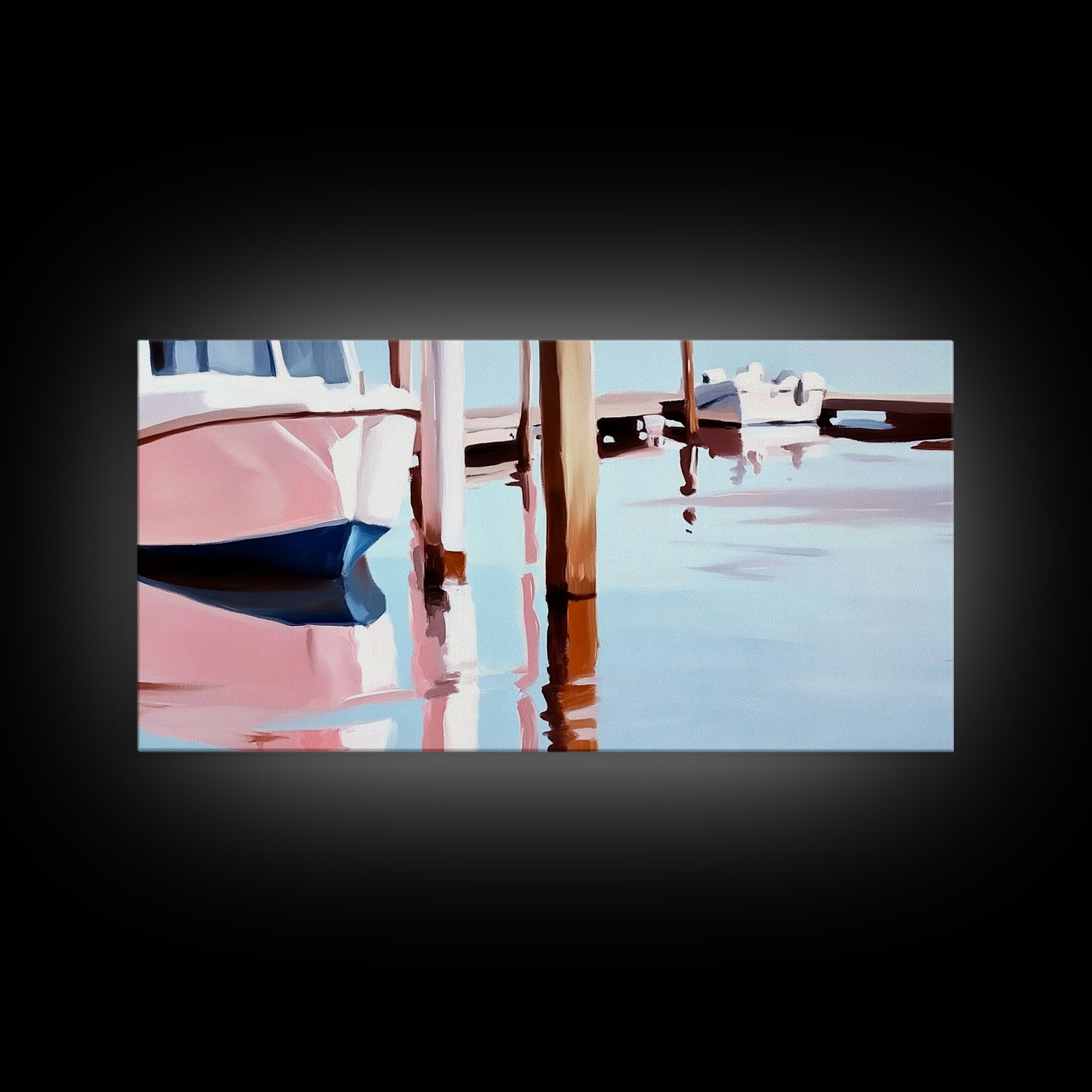 Docked Boats, Waterfront Scene, Canvas Print, Nautical Home Decor, Living Room Wall Art, Soft Pastel Aesthetic, Minimalist Seaside