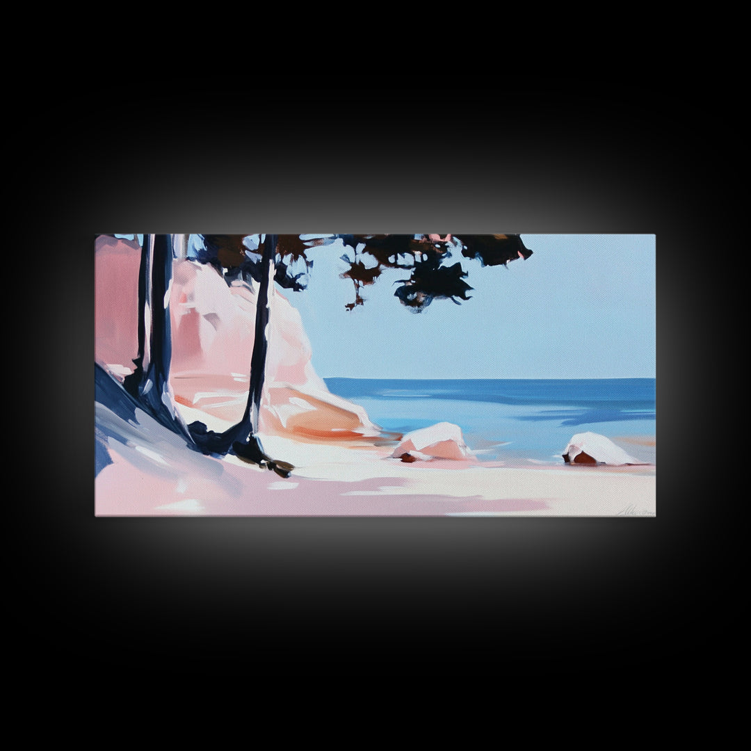 Beach Cliffs, Ocean Landscape, Coastal Art, Modern Wall Decor, Living Room Art, Framed Canvas Print, Minimalist Seascape, Pastel Artwork