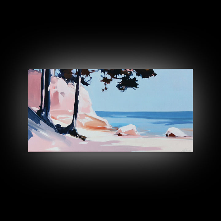 Beach Cliffs, Ocean Landscape, Coastal Art, Modern Wall Decor, Living Room Art, Framed Canvas Print, Minimalist Seascape, Pastel Artwork