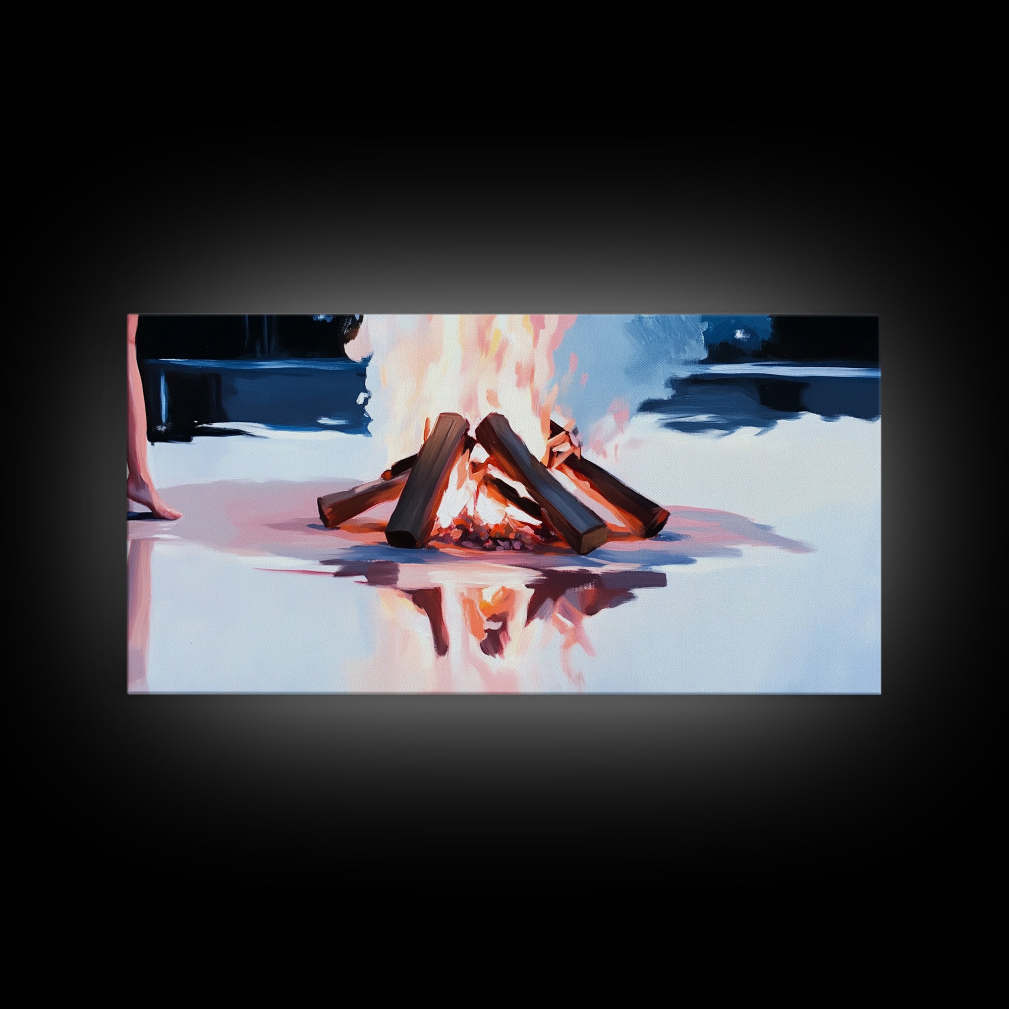 Cozy Bonfire, Fire Reflection, Campfire Glow, Autumn Night, Framed Canvas Print, Cabin Wall Art, Rustic Decor, Warm Atmosphere, Fall Art