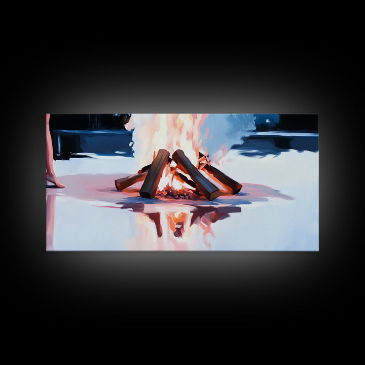 Cozy Bonfire, Fire Reflection, Campfire Glow, Autumn Night, Framed Canvas Print, Cabin Wall Art, Rustic Decor, Warm Atmosphere, Fall Art