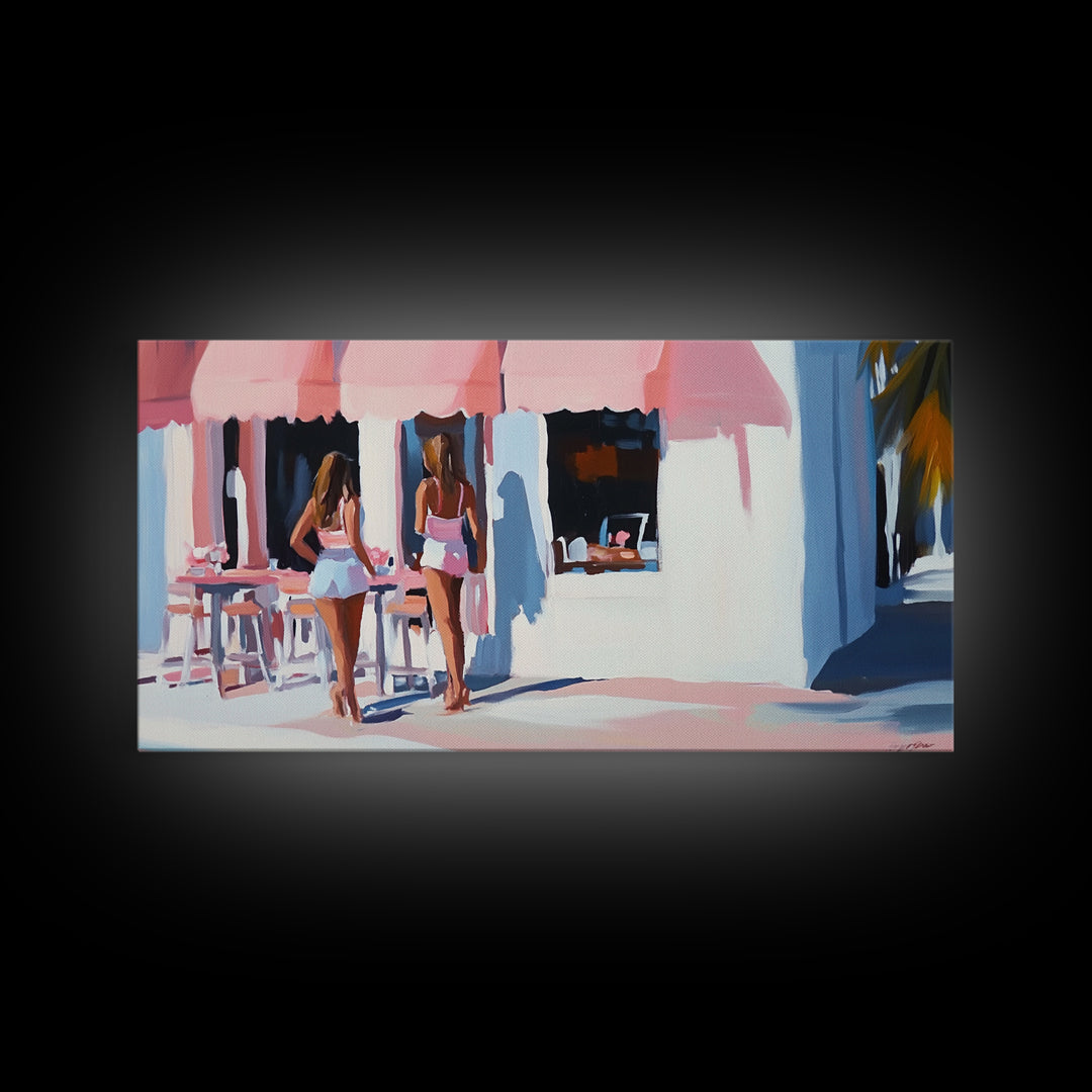 Café Scene, Pink Aesthetic, Coastal Lifestyle, Boho Summer Art, Chic Minimalist Decor, Home Wall Art, Living Room Art, Framed Canvas Print