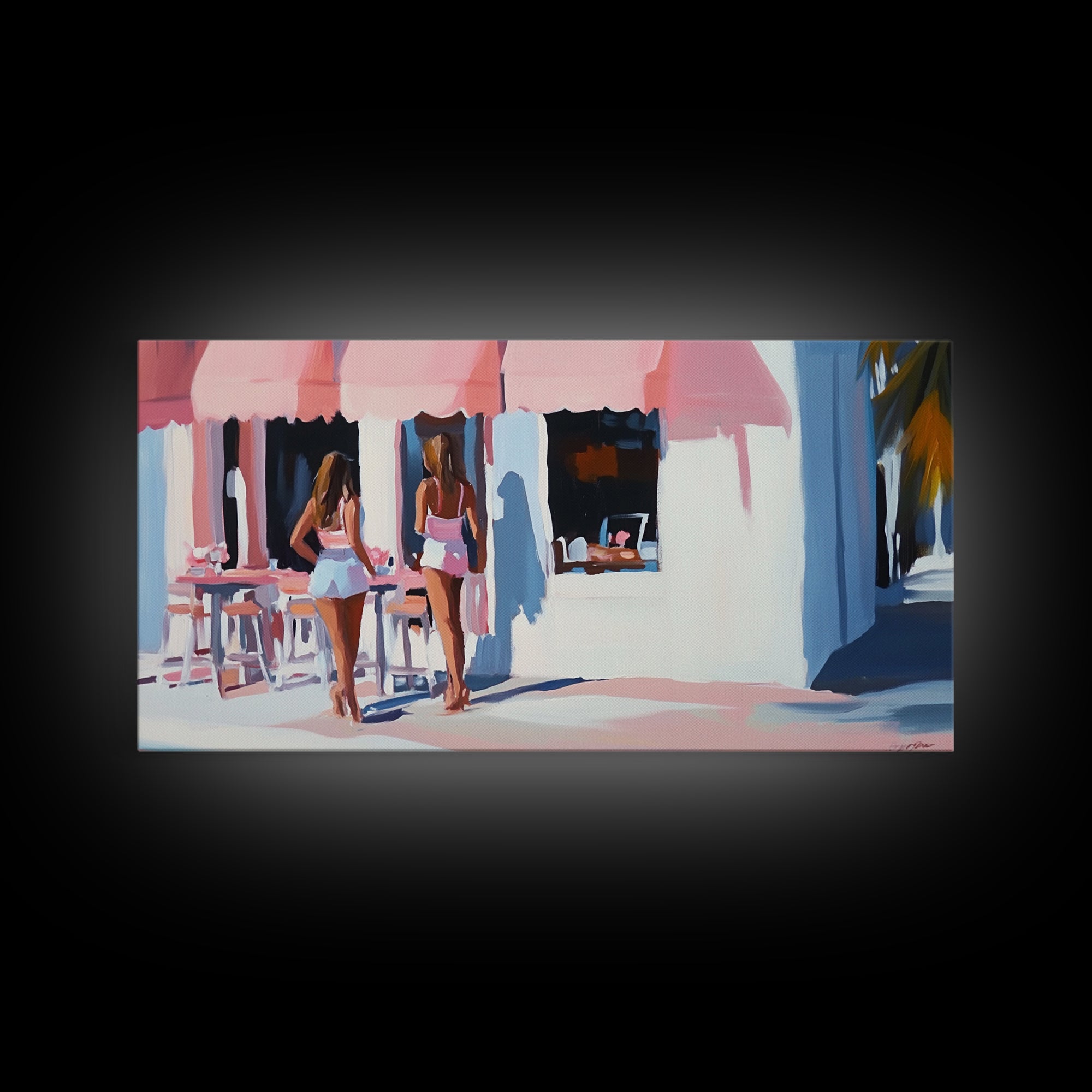 Café Scene, Pink Aesthetic, Coastal Lifestyle, Boho Summer Art, Chic Minimalist Decor, Home Wall Art, Living Room Art, Framed Canvas Print