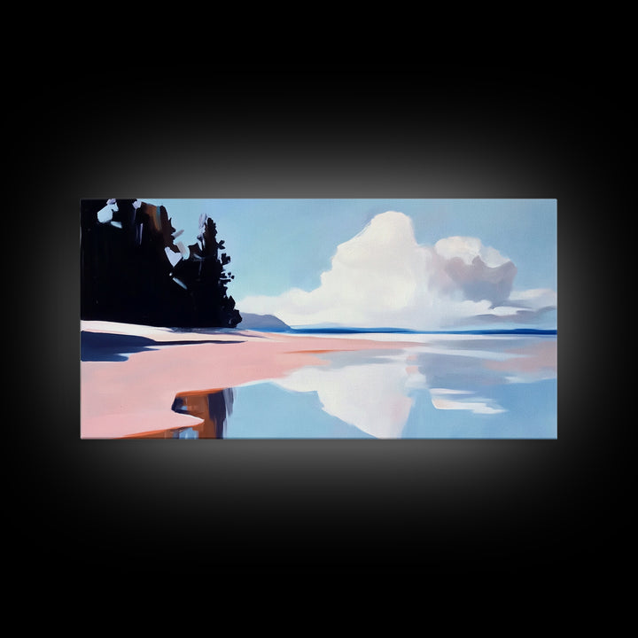 Cloudy Seascape Reflection, Tranquil Coastal Print, Minimalist Ocean Decor, Soft Pastel Landscape, Zen Home Art, Bedroom Framed Canvas Print