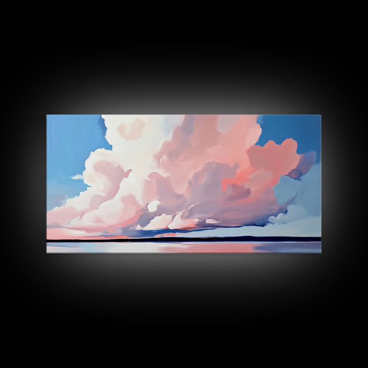 Sunset Glow, Cloud Reflections, Pastel Sky, Framed Canvas Print, Beach House Decor, Aesthetic Landscape, Contemporary Art, Serene Home Accent