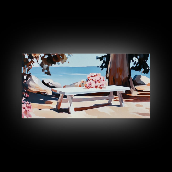 Beach Picnic, Seaside Dining, Summer Wall Art, Framed Canvas Print, Coastal Decor, Relaxing Atmosphere, Kitchen Art, Nautical Aesthetic