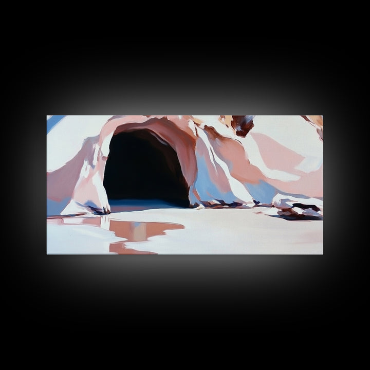 Cave Entrance, Surreal Landscape Art, Abstract Coastal Print, Pink Beige Tones, Nature Inspired, Boho Wall Decor, Framed Canvas Print