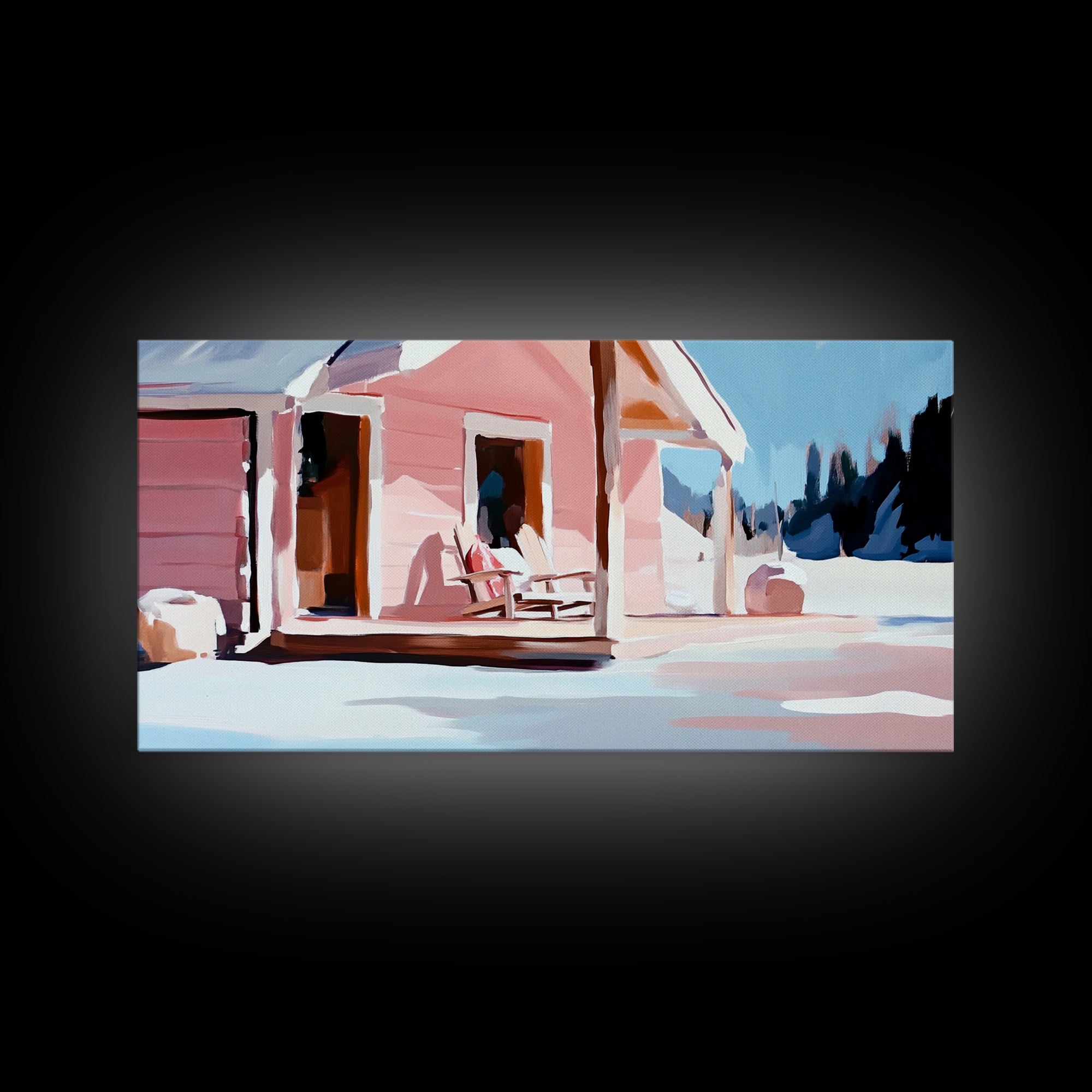 Pink Cabin, Winter Landscape Art, Cozy Home Decor, Framed Canvas Print, Rustic House Painting, Christmas Wall Art, Snowy Scene