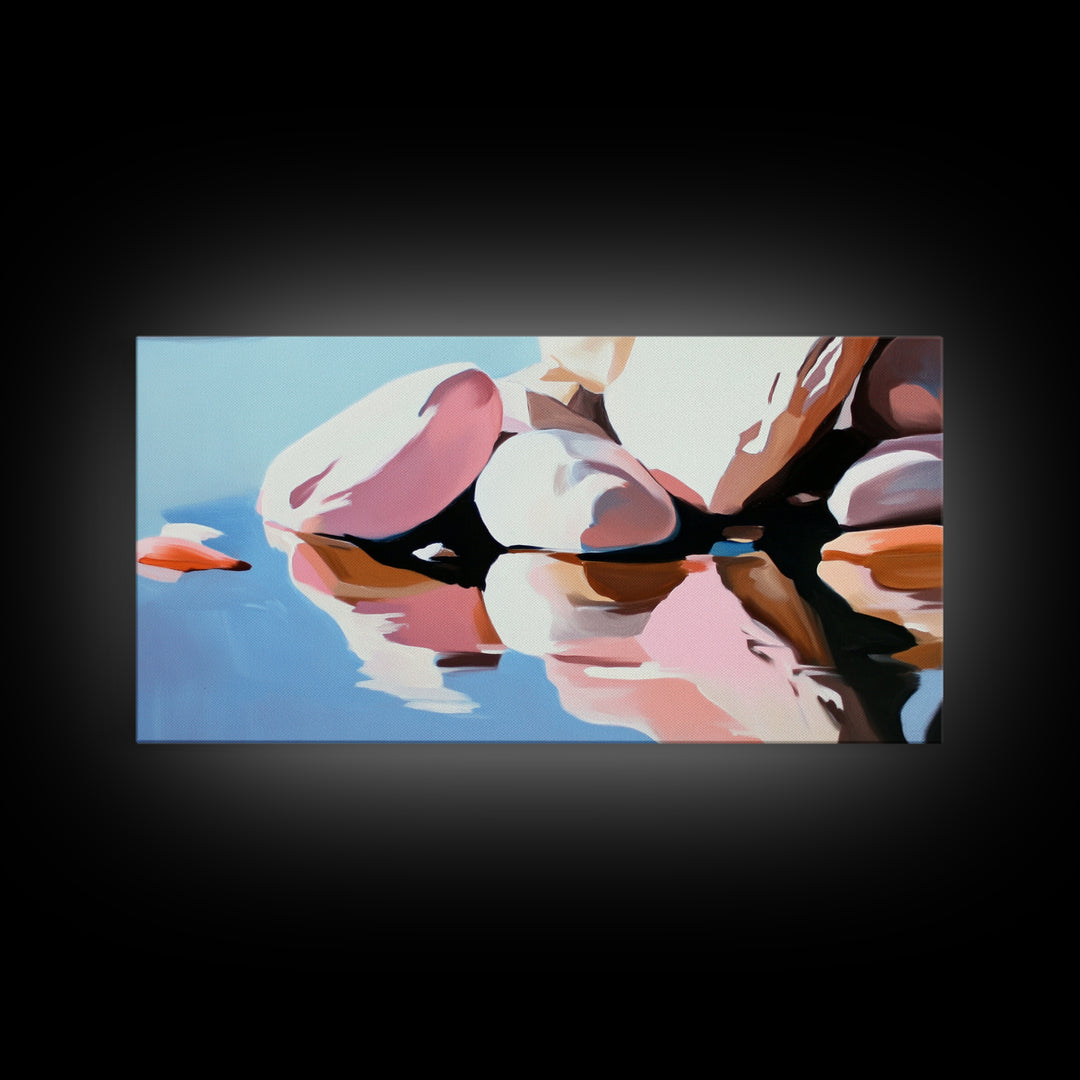 River Rocks, Reflections, Framed Canvas Print, Minimalist Nature Art, Abstract Water Scene, Earthy Wall Art, Modern Decor, Living Room