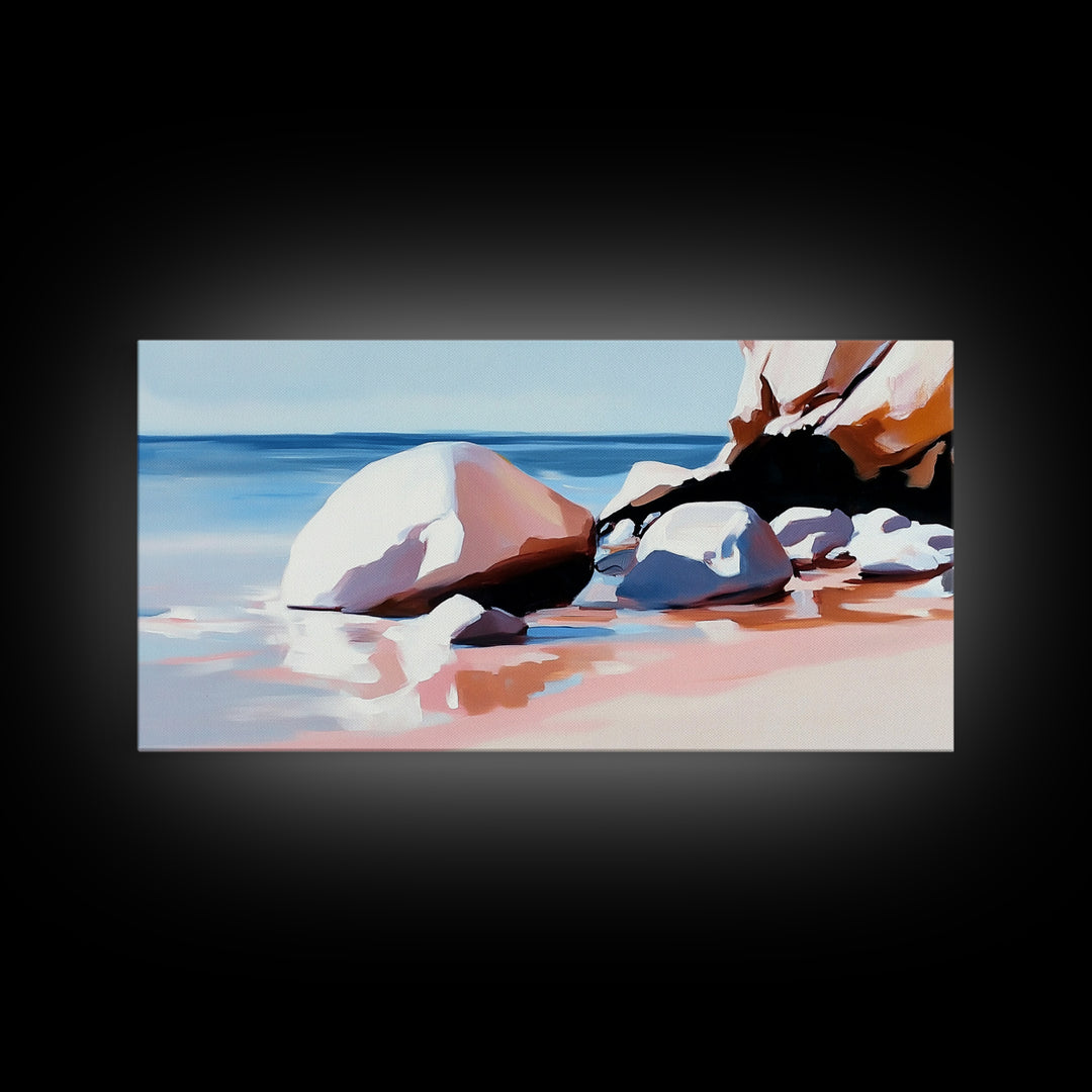 Ocean Stones, Beach Scene, Framed Canvas Print, Coastal Wall Art, Pastel Seascape, Nautical Decor, Serene Artwork, Bedroom Wall Art