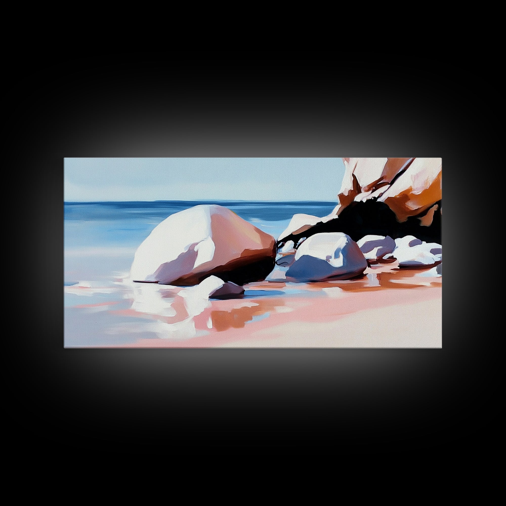 Ocean Stones, Beach Scene, Framed Canvas Print, Coastal Wall Art, Pastel Seascape, Nautical Decor, Serene Artwork, Bedroom Wall Art