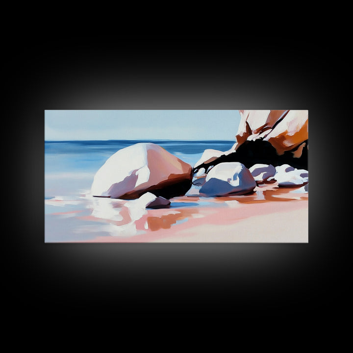 Ocean Stones, Beach Scene, Framed Canvas Print, Coastal Wall Art, Pastel Seascape, Nautical Decor, Serene Artwork, Bedroom Wall Art