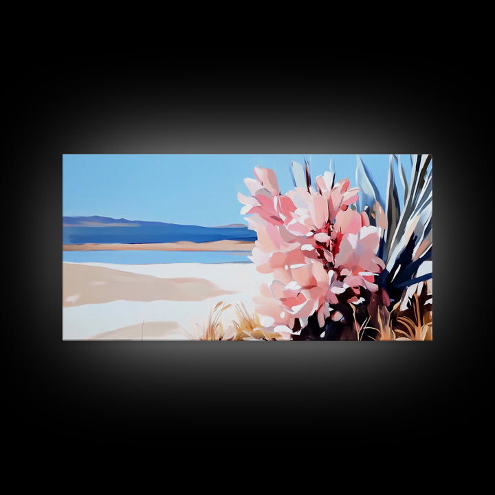 Desert Bloom, Southwest Landscape, Cactus and Flowers, Warm Toned Artwork, Boho Living Room Art, Pink and Blue Painting, Canvas Print