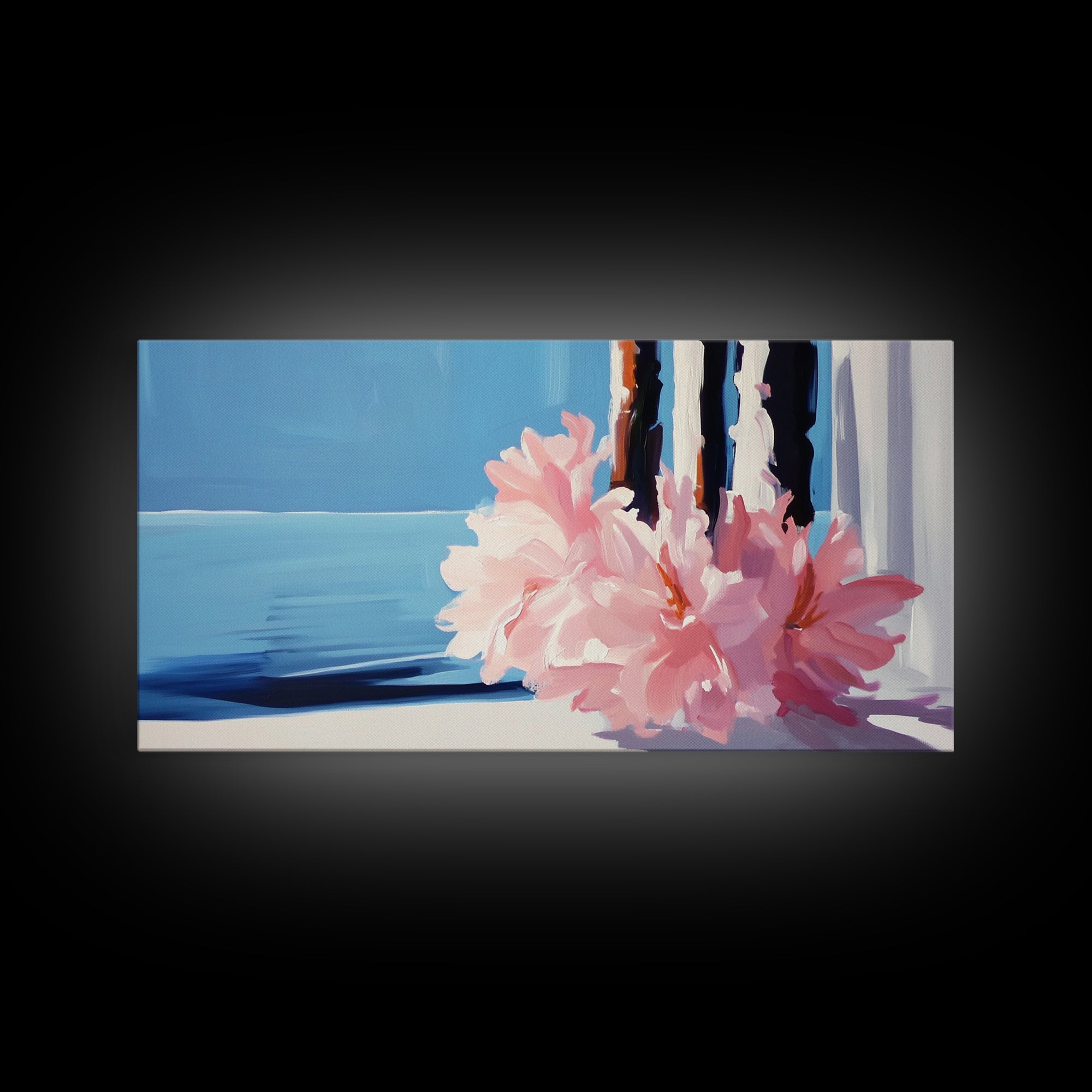 Ocean View, Floral Arrangement, Pastel, Canvas Print, Coastal Wall Art, Beach House Aesthetic, Modern Decor, Blue and Pink Theme