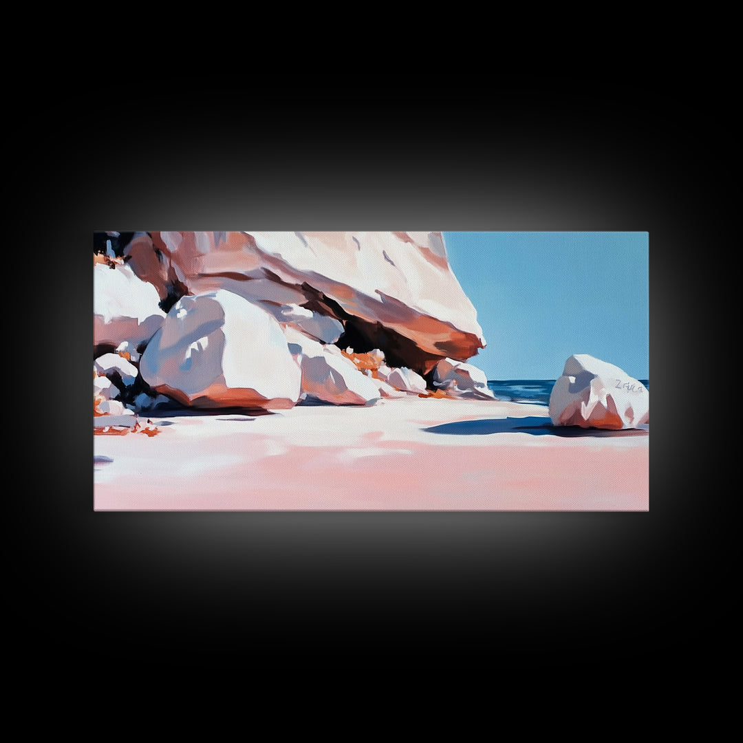 Rocky Beach Scene, Coastal Landscape, Modern Nature Art, Relaxing Seaside View, Framed Canvas Print, Ocean Wall Decor