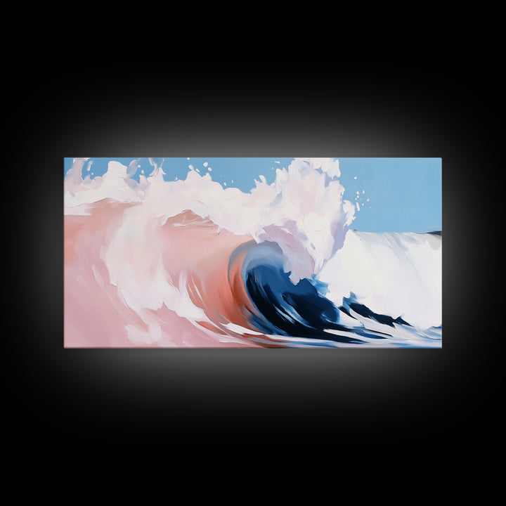 Ocean Wave, Abstract Beach Painting, Dynamic Wall Art, Coastal Decor, Surfer Aesthetic, Blue and White Framed Canvas Print