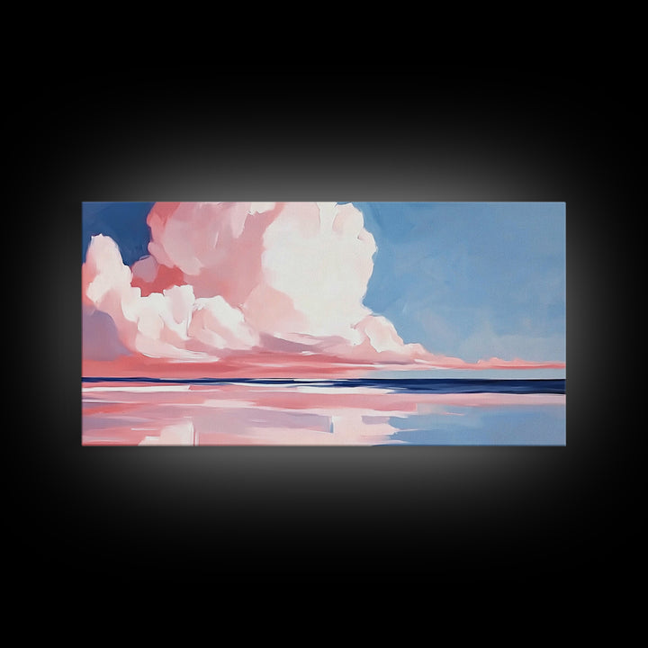 Cloudy Seascape, Pink Horizon, Framed Canvas Print, Coastal Art, Serene Wall Decor, Sunset Painting, Ocean Aesthetic